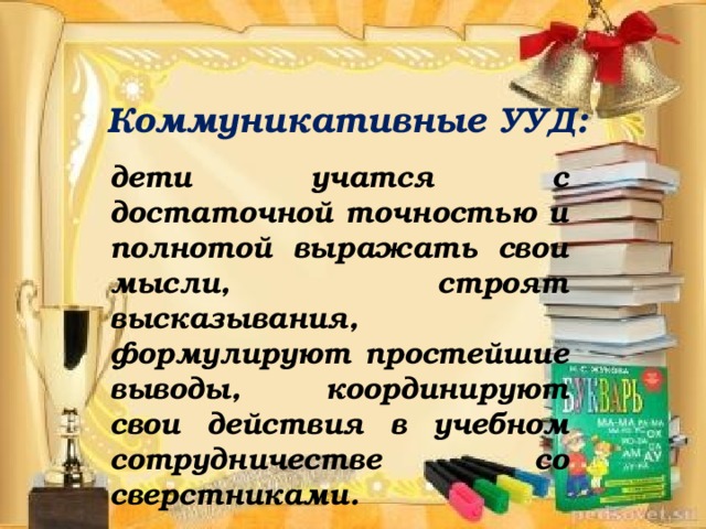 Коммуникативные УУД: дети учатся с достаточной точностью и полнотой выражать свои мысли, строят высказывания, формулируют простейшие выводы, координируют свои действия в учебном сотрудничестве со сверстниками.