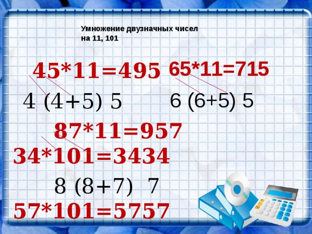Умножение двузначных чисел  на 11, 101  65*11=715  6 (6+5) 5  45*11=495  4 (4+5) 5  87*11=957 34*101=3434  8 (8+7) 7 57*101=5757 