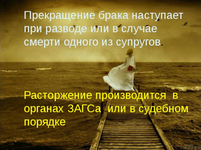 Прекращение брака наступает при разводе или в случае смерти одного из супругов . Расторжение производится в органах ЗАГСа или в судебном порядке 