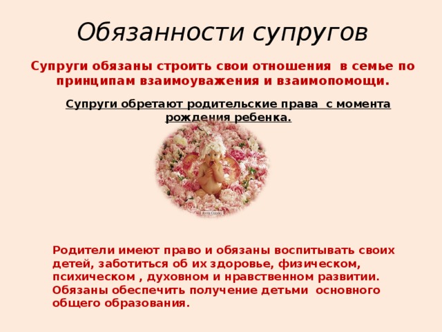 Обязанности супругов Супруги обязаны строить свои отношения в семье по принципам взаимоуважения и взаимопомощи.  Супруги обретают родительские права с момента рождения ребенка.    Родители имеют право и обязаны воспитывать своих детей, заботиться об их здоровье, физическом, психическом , духовном и нравственном развитии. Обязаны обеспечить получение детьми основного общего образования.    