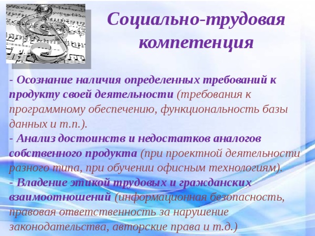 Социально-трудовая компетенция - Осознание наличия определенных требований к продукту своей деятельности  (требования к программному обеспечению, функциональность базы данных и т.п.). - Анализ достоинств и недостатков аналогов собственного продукта  (при проектной деятельности разного типа, при обучении офисным технологиям). - Владение этикой трудовых и гражданских взаимоотношений (информационная безопасность, правовая ответственность за нарушение законодательства, авторские права и т.д.)  