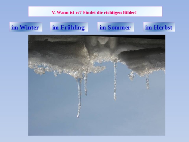 V. Wann ist es? Findet die richtigen Bilder!  im Winter  im Frühling  im Sommer  im Herbst 