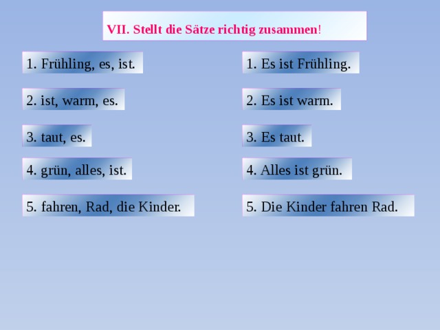 VII. Stellt die Sätze richtig zusammen !  1. Es ist Frühling.  1. Frühling, es, ist.  2. Es ist warm.  2. ist, warm, es.  3. Es taut.  3. taut, es.  4. Alles ist grün. 4. grün, alles, ist. 5. Die Kinder fahren Rad. 5. fahren, Rad, die Kinder. 