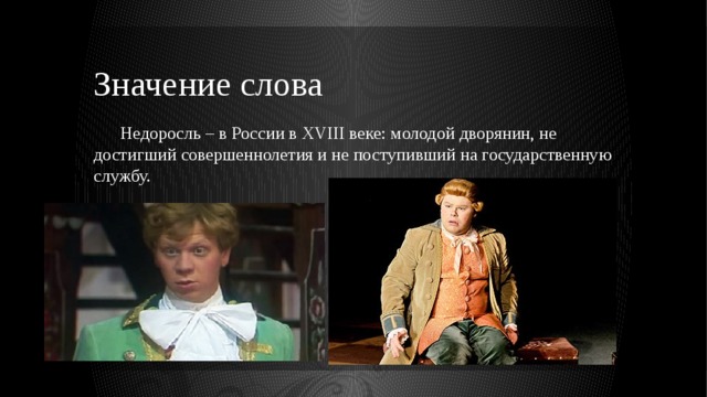 Значение слова  Недоросль – в России в XVIII веке: молодой дворянин, не достигший совершеннолетия и не поступивший на государственную службу. 