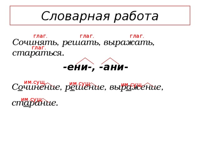 Словарная работа глаг. глаг. глаг. Сочинять, решать, выражать, стараться. глаг. -eни-, -aни - им.сущ. им.сущ. им.сущ. С о чинение, р е шение, выр а жение, ст а рание. им.сущ. I . Словарная работа. 1. Прочитайте слова, определите часть речи. Сочинять, решать, выражать, стараться. - Образуйте от них новые слова с помощью суффикса -eни(j)-, -aни(j) -. - Какие слова получились, к какой части речи относятся? ( Сочинение, решение, выражение, старание. )  Запишите слова, выделите суффиксы, подчеркните гласную, написание которой надо запомнить.   