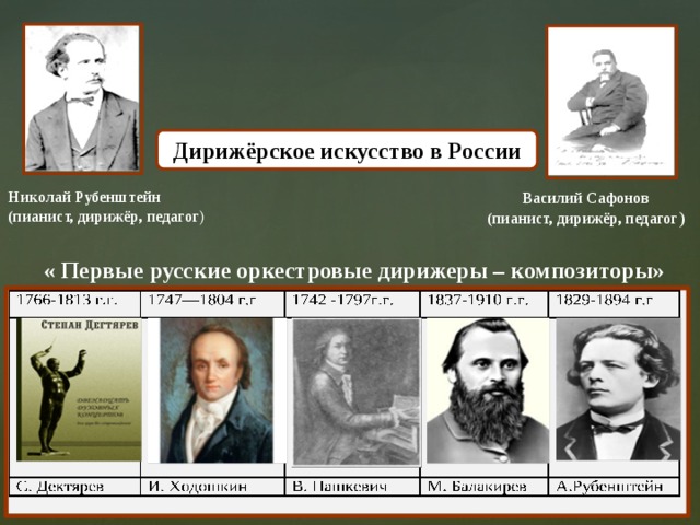 Дирижёрское искусство в России Николай Рубенштейн (пианист, дирижёр, педагог ) Василий Сафонов (пианист, дирижёр, педагог ) « Первые русские оркестровые дирижеры – композиторы» 