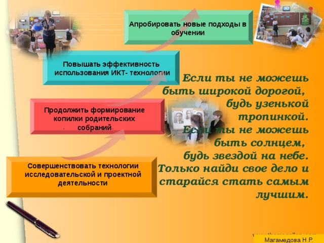 Апробировать новые подходы в обучении  Если ты не можешь  быть широкой дорогой,  будь узенькой тропинкой.  Если ты не можешь быть солнцем,  будь звездой на небе.  Только найди свое дело и  старайся стать самым лучшим.   Повышать эффективность  использования ИКТ- технологии Продолжить формирование копилки родительских собраний  -  - Совершенствовать технологии исследовательской и проектной деятельности Магамедова Н.Р. 