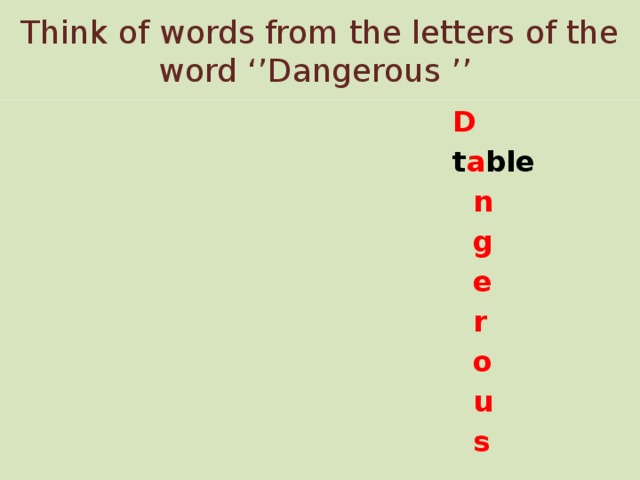 Think of words from the letters of the word ‘’Dangerous ’’  D  t a ble  n  g  e  r  o  u  s 