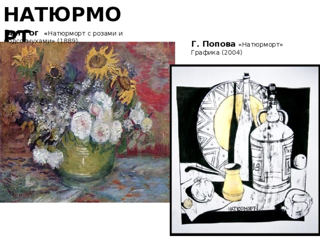 НАТЮРМОРТ Ван Гог « Натюрморт с розами и подсолнухами» (1889)    Г. Попова  «Натюрморт» Графика (2004) 