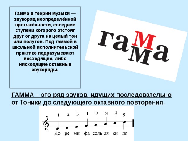 Гамма в теории музыки — звукоряд неопределённой протяжённости, соседние ступени которого отстоят друг от друга на целый тон или полутон. Под гаммой в школьной исполнительской практике подразумевают восходящие, либо нисходящие октавные звукоряды. ГАММА – это ряд звуков, идущих последовательно от Тоники до следующего октавного повторения.