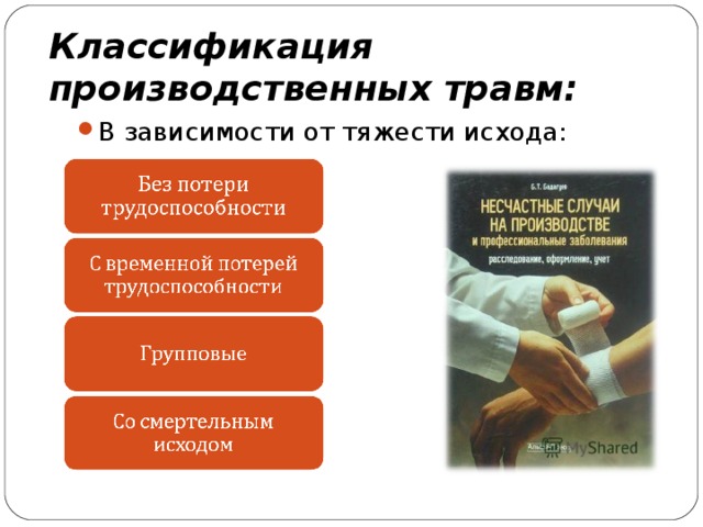 Исход несчастного случая. Классификация производственных травм. Классификация производственных травм по степени тяжести повреждения. Классификация травматизма на производстве. Виды производственных травм несчастных случаев на производстве.