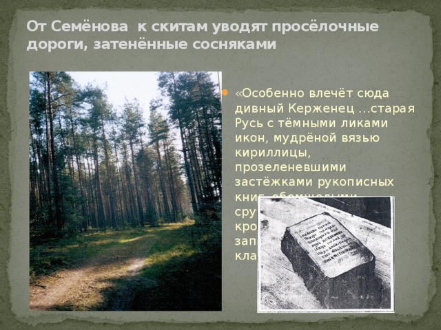 От Семёнова к скитам уводят просёлочные дороги, затенённые сосняками «Особенно влечёт сюда дивный Керженец …старая Русь с тёмными ликами икон, мудрёной вязью кириллицы, прозеленевшими застёжками рукописных книг, обомшелыми срубами да голбцами-кровельками на запрятанных у опушек кладбищах».  