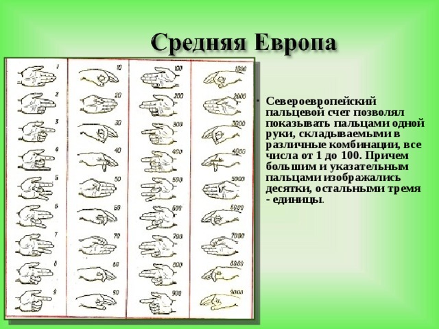 Североевропейский пальцевой счет позволял показывать пальцами одной руки, складываемыми в различные комбинации, все числа от 1 до 100. Причем большим и указательным пальцами изображались десятки, остальными тремя - единицы .