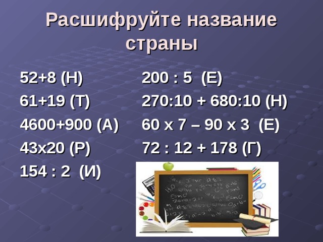 Расшифруйте название страны 52+8 (Н) 61+19 (Т) 4600+900 (А) 43х20 (Р) 154 : 2 (И) 200 : 5 (Е) 270:10 + 680:10 (Н) 60 х 7 – 90 х 3 (Е) 72 : 12 + 178 (Г) 