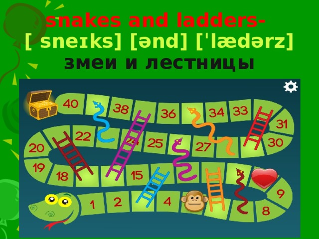 snakes and ladders-  [ sneɪks] [ənd] [ˈlædərz] змeи и лecтницы 