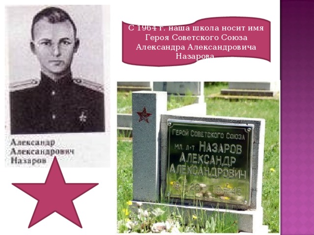 С 1964 г. наша школа носит имя Героя Советского Союза Александра Александровича Назарова. 