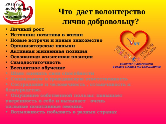 2018 год  добровольца  и волонтёра         Что дает волонтерство лично добровольцу?  Личный рост    Источник позитива в жизни  Новые встречи и новые знакомство    Организаторские навыки    Активная жизненная позиция    Осознанная жизненная позиция    Самодостаточность    Бесплатное обучение •   Шанс оценить свои способности •   Социальную и гражданскую ответственность •   Сострадание и человечность , отзывчивость и благородство. •  Ощущение собственной пользы: повышает уверенность в себе и вызывает   очень сильные позитивные эмоции. •   Возможность побывать в разных странах 