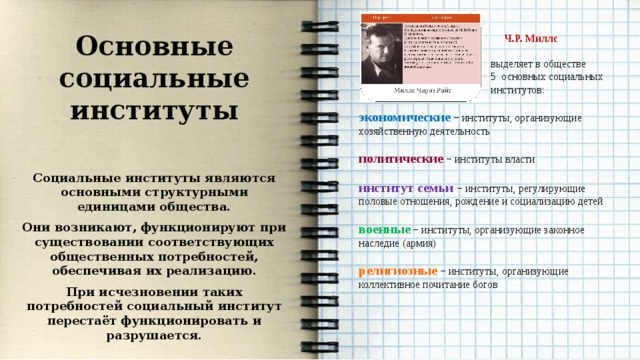    Ч.Р. Миллс   выделяет в обществе  5 основных социальных  институтов: экономические − институты, организующие хозяйственную деятельность политические − институты власти институт семьи − институты, регулирующие половые отношения, рождение и социализацию детей военные − институты, организующие законное наследие (армия) религиозные − институты, организующие коллективное почитание богов  Основные социальные институты  Социальные институты являются основными структурными единицами общества. Они возникают, функционируют при существовании соответствующих общественных потребностей, обеспечивая их реализацию. При исчезновении таких потребностей социальный институт перестаёт функционировать и разрушается.   