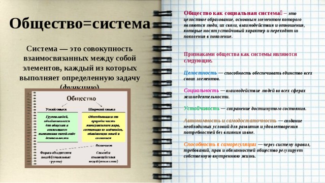 Общество как социальная система￼ – это целостное образование, основным элементом которого являются люди, их связи, взаимодействия и отношения, которые носят устойчивый характер и переходят из поколения в поколение.   Признаками общества как системы являются следующие.  Целостность — способность обеспечивать единство всех своих элементов.  Социальность — взаимодействие людей во всех сферах жизнедеятельности.  Устойчивость — сохранение достигнутого состояния.  Автономность и самодостаточность — создание необходимых условий для развития и удовлетворения потребностей без влияния извне.  Способность к саморегуляции — через систему правил, требований, прав и обязанностей общество регулирует собственную внутреннюю жизнь.   Общество=система   Система — это совокупность взаимосвязанных между собой элементов, каждый из которых выполняет определенную задачу (функцию) 