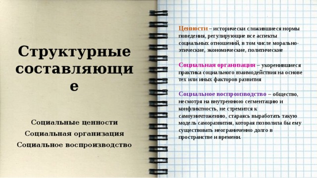    Ценности – исторически сложившиеся нормы поведения, регулирующие все аспекты социальных отношений, в том числе морально-этические, экономические, политические Социальная организация – укоренившиеся практика социального взаимодействия на основе тех или иных факторов развития Социальное воспроизводство – общество, несмотря на внутреннюю сегментацию и конфликтность, не стремится к самоуничтожению, стараясь выработать такую модель саморазвития, которая позволила бы ему существовать неограниченно долго в пространстве и времени. Структурные составляющие  Социальные ценности Социальная организация Социальное воспроизводство  