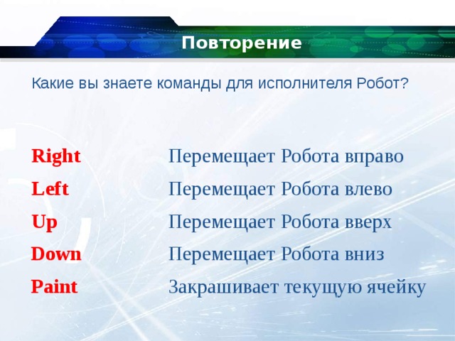 Повторение   Какие вы знаете команды для исполнителя Робот? Перемещает Робота вправо Right Перемещает Робота влево Left Up Перемещает Робота вверх Down Перемещает Робота вниз Paint Закрашивает текущую ячейку 