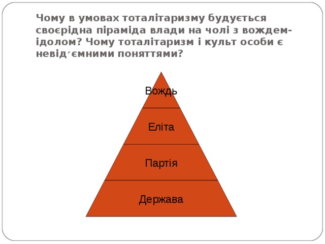 Чому в умовах тоталітаризму будується своєрідна піраміда влади на чолі з вождем-ідолом? Чому тоталітаризм і культ особи є невід ׳ ємними поняттями? Вождь Еліта Партія Держава 