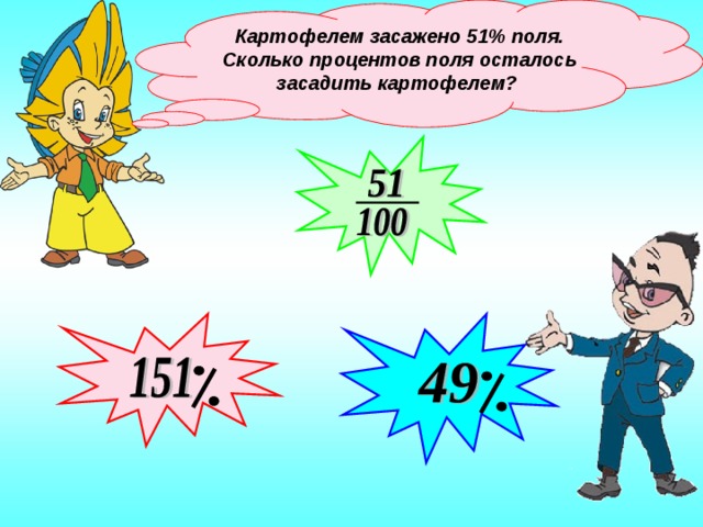 Картофелем засажено 51% поля. Сколько процентов поля осталось засадить картофелем?