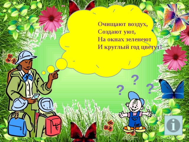 Очищают воздух, Создают уют, На окнах зеленеют И круглый год цветут! ? ? ? 