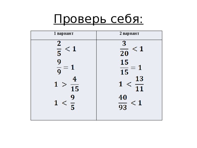 Проверь себя: 1 вариант 2 вариант 