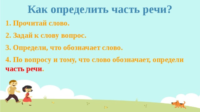 Как определить часть речи? 1. Прочитай слово. 2. Задай к слову вопрос. 3. Определи, что обозначает слово. 4. По вопросу и тому, что слово обозначает, определи часть речи . 
