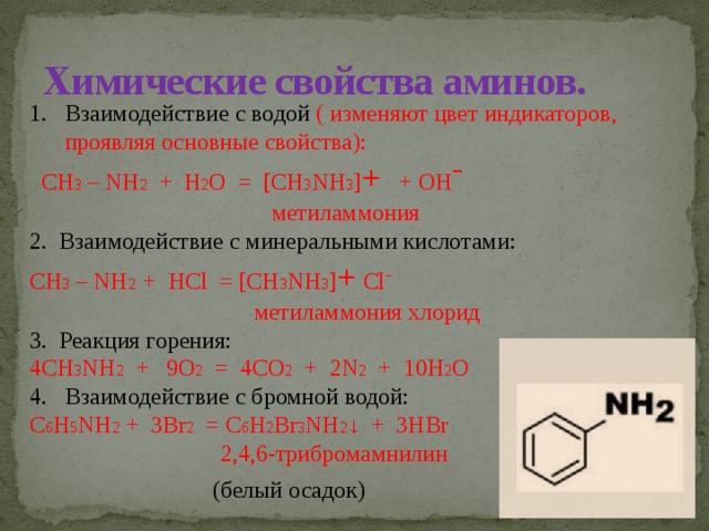 Химические свойства аминов. Взаимодействие с водой ( изменяют цвет индикаторов, проявляя основные свойства):  CH 3 – NH 2 + H 2 O = [CH 3 NH 3 ] + + OH ˉ  метиламмония 2.  Взаимодействие с минеральными кислотами: CH 3 – NH 2 + HCl = [CH 3 NH 3 ] + Clˉ  метиламмония хлорид 3. Реакция горения: 4CH 3 NH 2 + 9O 2 = 4CO 2 + 2N 2 + 10H 2 O Взаимодействие с бромной водой: C 6 H 5 NH 2 + 3Br 2 = C 6 H 2 Br 3 NH 2 ↓ + 3HBr   2,4,6-трибромамнилин  (белый осадок)   