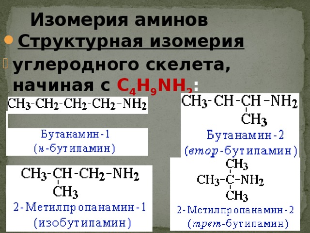  Изомерия аминов Структурная изомерия углеродного скелета, начиная с С 4 H 9 NH 2 :  