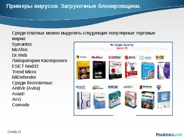 Примеры вирусов. Загрузочные блокировщики. Среди платных можно выделить следующие популярные торговые марки: Symantec McAfee Dr.Web Лаборатория Касперского ESET Nod32 Trend Micro BitDefender Среди бесплатных : AntiVir (Avira) Avast! AVG Comodo Слайд    