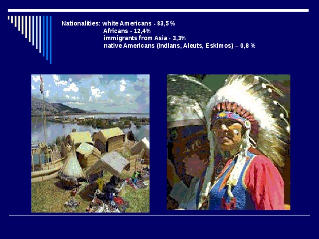 Nationalities: white Americans - 83,5 %  Africans - 12,4%  immigrants from Asia - 3,3%  native Americans (Indians, Aleuts, Eskimos) – 0,8 %   