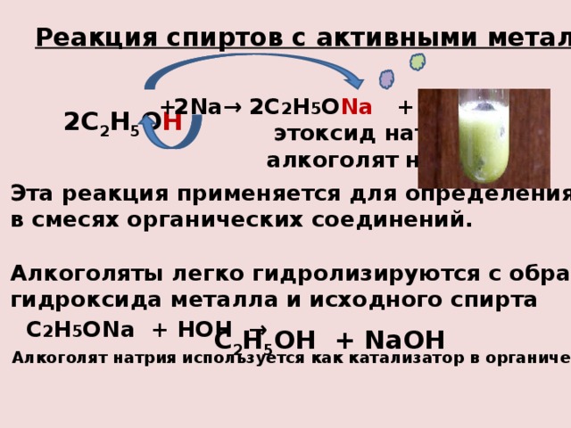 Реакция спиртов с активными металлами  + 2Na→ 2 C 2 H 5 O Na + H 2 ↑  этоксид натрия  алкоголят натрия  2 C 2 H 5 O H  Эта реакция применяется для определения спиртов в смесях органических соединений.  Алкоголяты легко гидролизируются с образованием гидроксида металла и исходного спирта C 2 H 5 ONa + HOH → C 2 H 5 OH + NaOH Алкоголят натрия используется как катализатор в органическом синтезе