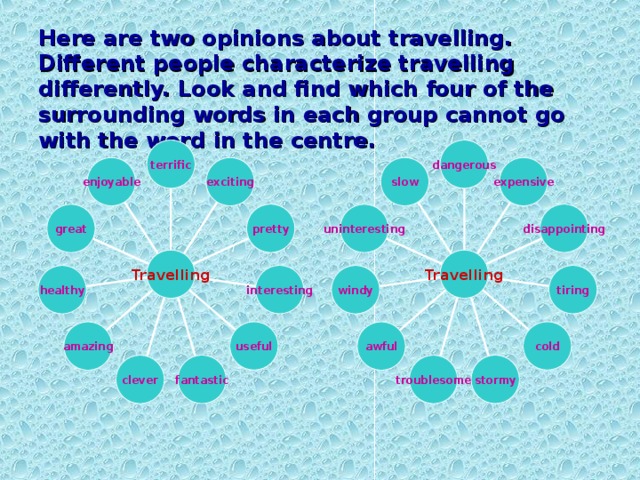 Here are two opinions about travelling. Different people characterize travelling differently. Look and find which four of the surrounding  words in each group cannot go with the word in the centre. terrific dangerous exciting slow expensive enjoyable pretty disappointing uninteresting great Travelling Travelling interesting tiring windy healthy cold useful awful amazing stormy fantastic troublesome clever 