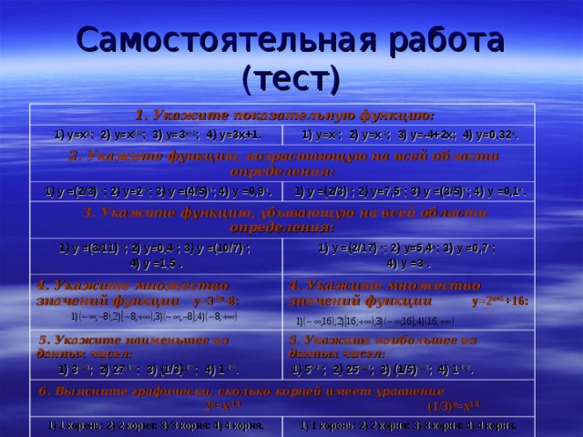 Самостоятельная работа  (тест)  1. Укажите показательную функцию:  1) у=х 3 ; 2) у=х 5/3 ; 3) у=3 х+1 ; 4) у=3х+1.  1) у=х 2 ; 2) у=х -1 ; 3) у= -4+2 х; 4) у=0,32 х .  2. Укажите функцию, возрастающую на всей области определения:  1) у =(2/3) -х ; 2) у=2 -х ; 3) у =(4/5) х ; 4) у =0,9 х .  1) у =(2/3) х ; 2) у=7,5 х ; 3) у =(3/5) х ; 4) у =0,1 х .  3. Укажите функцию, убывающую на всей области определения: 1) у =(3/11) -х ; 2) у=0,4 х ; 3) у =(10/7) х ; 4) у =1,5 х . 1) у =(2/17) -х ; 2) у=5,4 х ; 3) у =0,7 х ; 4) у =3 х . 4. Укажите множество значений функции   у=3 -2х -8:   5. Укажите наименьшее из данных чисел:  1) 3 -1/3 ; 2) 27 -1/3 ; 3) (1/3) -1/3 ; 4) 1 -1/3 . 4. Укажите множество значений функции у=2 х+1 +16:  5. Укажите наибольшее из данных чисел:  1) 5 -1/2 ; 2) 25 -1/2 ; 3) (1/5) -1/2 ; 4) 1 -1/2 .  6. Выясните графически, сколько корней имеет уравнение  2 х =х -1/3  (1/3) х =х 1/2 1) 1 корень; 2) 2 корня; 3) 3 корня; 4) 4 корня.  1) 1 корень; 2) 2 корня; 3) 3 корня; 4) 4 корня.   