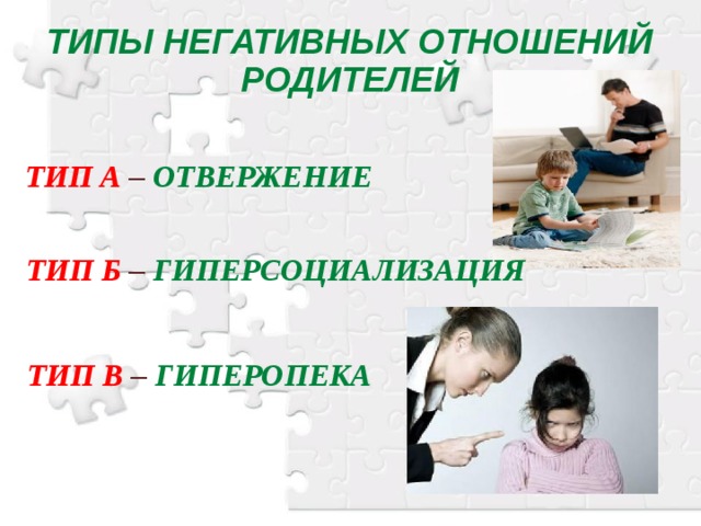 ТИПЫ НЕГАТИВНЫХ ОТНОШЕНИЙ РОДИТЕЛЕЙ ТИП А – ОТВЕРЖЕНИЕ ТИП Б – ГИПЕРСОЦИАЛИЗАЦИЯ ТИП В – ГИПЕРОПЕКА