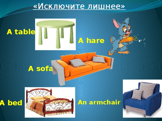 «Исключите лишнее»  A table A hare A sofa  An armchair A bed 