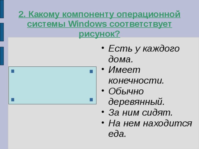 2. Какому компоненту операционной системы Windows соответствует рисунок? Есть у каждого дома. Имеет конечности. Обычно деревянный. За ним сидят. На нем находится еда.  