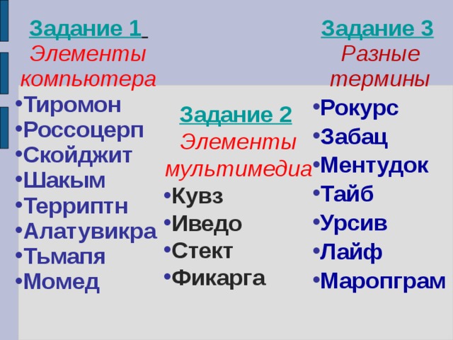 Задание 1   Элементы компьютера Тиромон Россоцерп Скойджит Шакым Терриптн Алатувикра Тьмапя Момед Задание 3   Разные термины Рокурс Забац Ментудок Тайб Урсив Лайф Маропграм  Задание 2   Элементы мультимедиа Кувз Иведо Стект Фикарга 