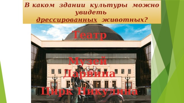 В каком здании культуры можно увидеть дрессированных животных? Театр Музей Дарвина Цирк Никулина 