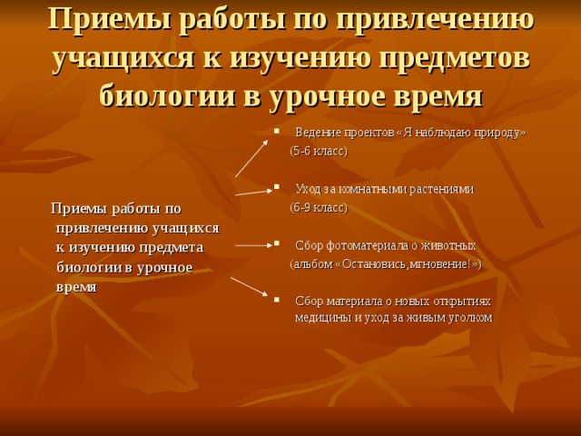 Приемы работы по привлечению учащихся к изучению предметов биологии в урочное время  Приемы работы по привлечению учащихся к изучению предмета биологии в урочное время Ведение проектов «Я наблюдаю природу»  (5-6 класс) Уход за комнатными растениями  (6-9 класс) Сбор фотоматериала о животных  (альбом «Остановись,мгновение!») Сбор материала о новых открытиях медицины и уход за живым уголком   