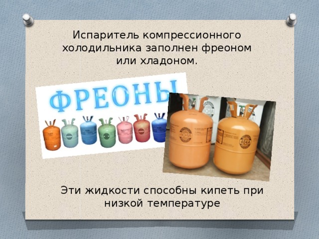 Испаритель компрессионного холодильника заполнен фреоном или хладоном. Эти жидкости способны кипеть при низкой температуре 