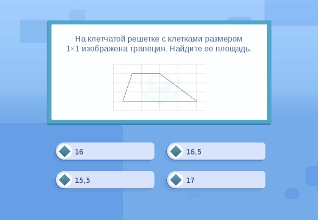 На клетчатой решетке с клетками размером 1×1 изображена трапеция. Найдите ее площадь.        16,5 16 17 15,5 