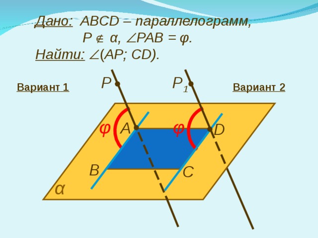 Дано:  ABCD – параллелограмм,  Р   α ,  РАВ = φ . Найти:   ( АР; CD). P 1 P Вариант 1 Вариант  2 φ φ А D В С α 
