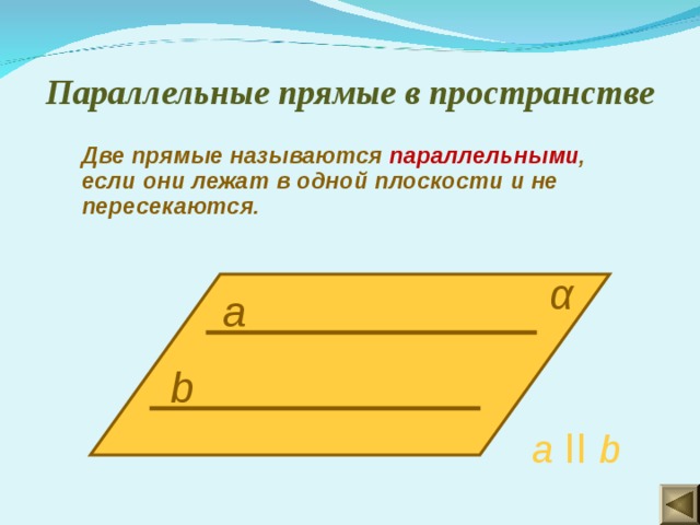 Две прямые на плоскости называются параллельными если они не пересекаются на этом рисунке