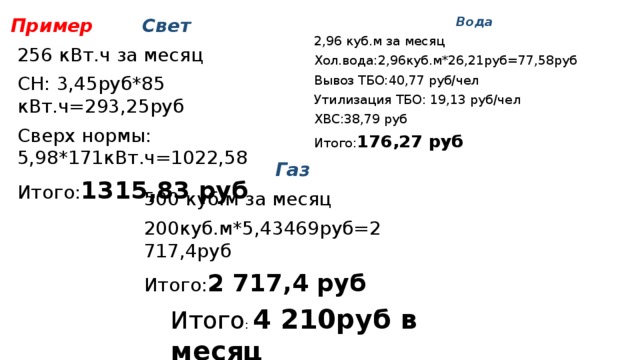 Пример Вода 2,96 куб.м за месяц Свет 256 кВт.ч за месяц Хол.вода:2,96куб.м*26,21руб=77,58руб СН: 3,45руб*85 кВт.ч=293,25руб Вывоз ТБО:40,77 руб/чел Сверх нормы: 5,98*171кВт.ч=1022,58 Утилизация ТБО: 19,13 руб/чел Итого: 1315,83 руб ХВС:38,79 руб Итого: 176,27 руб Газ 500 куб.м за месяц 200куб.м*5,43469руб=2 717,4руб Итого: 2 717,4 руб Итого : 4 210руб в месяц 