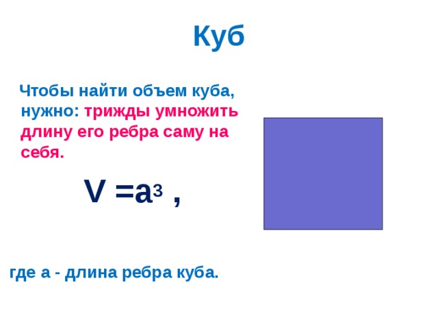 Куб  Чтобы найти объем куба, нужно: трижды умножить длину его ребра саму на себя.   V =а 3 ,   где a - длина ребра куба. 