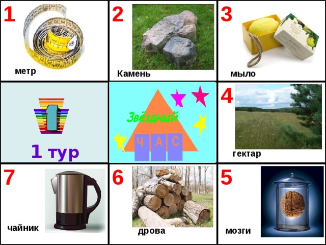 1 2 3 7 4 6 5 метр Камень  мыло 1  тур гектар чайник  дрова мозги 